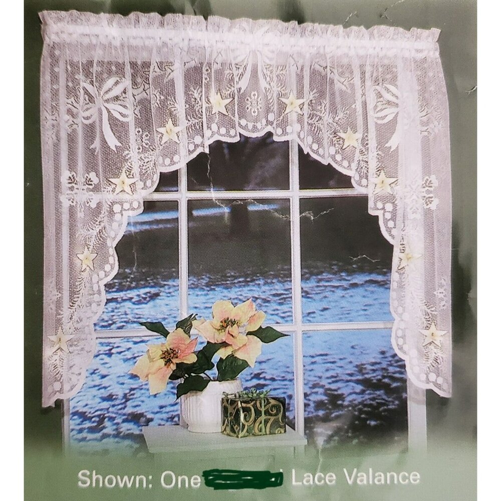 VTG Quaker Lace Valance Curtain Swag Christmas Holiday Stars Bow Off White 72x36